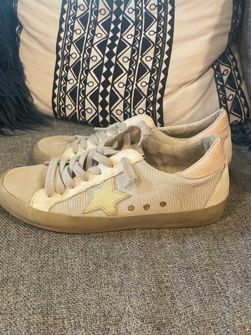 ShuShop Neutral Beige Star Mesh Sneakers with Gold Accent